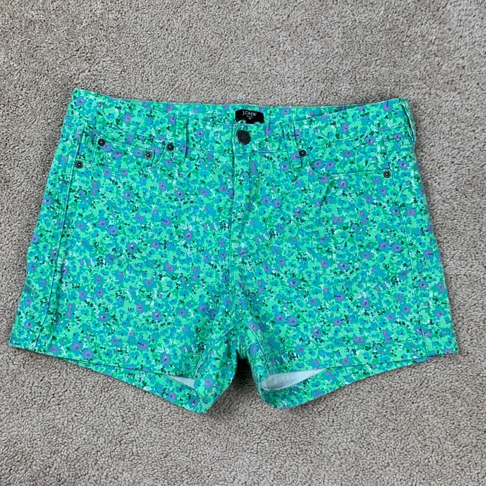 J. Crew green and purple floral denim shorts sz 12